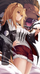 Rule 34 | 1girl, absurdres, animal, animal ear fluff, animal ears, arknights, black jacket, blonde hair, brown eyes, commentary request, cowboy shot, fur-trimmed jacket, fur-trimmed shorts, fur trim, hair between eyes, hand on own hip, highres, holding, holding weapon, huge filesize, jacket, lion, lion ears, long hair, long sleeves, looking at viewer, over shoulder, red shorts, rlawoals2588, shirt, short shorts, shorts, siege (arknights), simple background, standing, t-shirt, thighs, weapon, weapon over shoulder, white background, white shirt