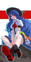 Rule 34 | 1girl, absurdres, ascot, black footwear, black socks, blue hair, blue outline, blue skirt, center frills, closed mouth, collared shirt, commentary, erijian, flat chest, frills, highres, hinanawi tenshi, long hair, outline, puffy short sleeves, puffy sleeves, red ascot, red eyes, shirt, shoe soles, short sleeves, simple background, sitting, skirt, socks, solo, symbol-only commentary, touhou, white shirt