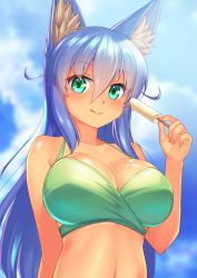 Rule 34 | 1girl, :q, absurdres, animal ear fluff, animal ears, bikini, bikini tan, blue hair, blush, breasts, cleavage, day, dripping, food, food on body, food on breasts, fox ears, fox girl, fox tail, fuyubare kiyo, green bikini, green eyes, hair between eyes, highres, holding, kyu (wein-seria), large breasts, long hair, looking at viewer, navel, original, outdoors, popsicle, solo, swimsuit, tail, tan, tanline, tongue, tongue out, upper body, very long hair
