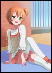 Rule 34 | 10s, 1girl, black border, blush, border, camisole, casual, green eyes, hair bobbles, hair ornament, highres, hoshizora rin, love live!, love live! school idol festival, love live! school idol project, omaehadareda-uso, one side up, open mouth, orange hair, short hair, side ponytail, sitting, skirt, smile, solo, thighhighs, white thighhighs, zettai ryouiki