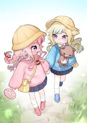 Rule 34 | 2girls, aged down, bag, blonde hair, blue hair, blue shirt, blush, braid, candy, commentary request, food, frogsnake, full body, hat, highres, himehina channel, holding, holding candy, holding food, holding hands, holding lollipop, holding stuffed toy, kindergarten bag, kindergarten uniform, lollipop, long hair, long sleeves, looking at another, multicolored hair, multiple girls, open mouth, pink hair, pink shirt, purple eyes, red hair, school hat, shirt, shoulder bag, smile, smock, stuffed animal, stuffed toy, suzuki hina, swirl lollipop, tanaka hime, teddy bear, twin braids, two-tone hair, virtual youtuber, yellow headwear
