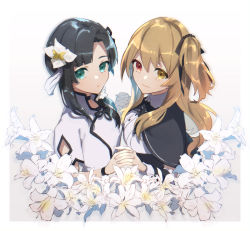 Rule 34 | 2girls, assault lily, black hair, black ribbon, brown hair, china dress, chinese clothes, dress, flower, green eyes, hair flower, hair ornament, holding hands, heterochromia, highres, kuo shenlin, lily (flower), multiple girls, one side up, ribbon, school uniform, tia (cocorosso), wang yujia, yuri