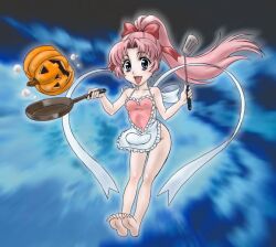 Rule 34 | 1girl, amano mika, apron, bow, breasts, commentary request, covered erect nipples, frilled apron, frills, frying pan, grey eyes, groin, hair bow, high ponytail, holding, holding frying pan, holding spatula, jack-o&#039;-lantern, naked apron, okusama wa michael, pink hair, small breasts, solo, spatula, yoshiten