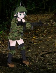 1girl 2024 ahoge bad_tag black_hair braid brown_footwear collarbone elfinpsyop helmet holding_rifle horns indie_virtual_youtuber joeychimney knee_pads leaf loli mechanical_horns outdoors pointy_ears solo standing tired_eyes twin_braids usb_symbol