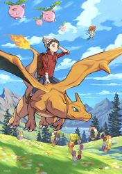 Rule 34 | 1boy, amakara000, beanie, brown eyes, brown footwear, brown hair, cable knit, charizard, closed mouth, cloud, comfey, creatures (company), day, dynamax band, falling leaves, fire, flame-tipped tail, floette, floette (red flower), flower, game freak, gen 1 pokemon, gen 2 pokemon, gen 6 pokemon, gen 7 pokemon, grass, grey headwear, grey pants, hat, highres, hoppip, leaf, male focus, mountain, nintendo, outdoors, pants, pokemon, pokemon (creature), pokemon swsh, red shirt, riding, riding pokemon, shirt, shoes, signature, sky, sleeves rolled up, smile, suitcase, tree, victor (pokemon)