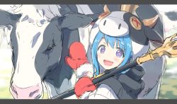 Rule 34 | 1girl, absurdres, animal ears, blue hair, blush, cow, cow ears, cow girl, highres, laika (sputnik2nd), looking at viewer, mahiru (princess connect!), open mouth, princess connect!, purple eyes