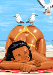 Rule 34 | 1girl, animal on ass, arung samudra (cessa), ass, beach, beach towel, bikini, bird, black hair, blue sky, cessa, commentary, dark-skinned female, dark skin, day, english commentary, closed eyes, long hair, ombok diving and delivery services, outdoors, sand, sky, smile, solo, swimsuit, thong, thong bikini, top-down bottom-up, towel, water, yellow bikini