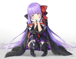 Rule 34 | &gt;:), 10s, 1girl, arm support, bb (fate), bb (fate/extra), black cape, black footwear, black skirt, black thighhighs, boots, bow, breasts, cape, closed mouth, commentary request, fate/extra, fate/extra ccc, fate (series), gloves, hair bow, head tilt, high heel boots, high heels, large breasts, leather, leather boots, long hair, long sleeves, looking at viewer, pleated skirt, purple eyes, purple hair, red bow, red ribbon, ribbon, shirt, skirt, smile, solo, squatting, thigh boots, thighhighs, twitter username, tyone, v-shaped eyebrows, very long hair, white gloves, white shirt, wide sleeves