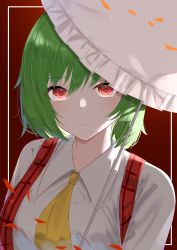 Rule 34 | 1girl, absurdres, anima miko, artist name, ascot, blush, breasts, brown background, closed mouth, collared shirt, commentary request, eyelashes, eyes visible through hair, gradient background, green hair, grey shirt, hair between eyes, highres, kazami yuuka, light, long sleeves, looking at viewer, medium breasts, open clothes, open vest, petals, red background, red eyes, shadow, shirt, short hair, smile, solo, touhou, umbrella, upper body, vest, yellow ascot