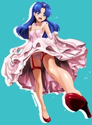 Rule 34 | 10s, 1girl, :d, blue eyes, blue hair, blush, breasts, cleavage, clothes lift, dress, dress lift, earrings, elbow gloves, fang, gloves, high heels, jewelry, kirakira precure a la mode, long hair, looking at viewer, necklace, open mouth, panties, pink dress, pink gloves, precure, satou shouji, smile, solo, tategami aoi, underwear