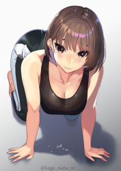 Rule 34 | 1girl, all fours, artist name, bare arms, bare shoulders, barefoot, blush, breasts, brown eyes, brown hair, cleavage, closed mouth, collarbone, commentary request, earrings, full body, highres, jewelry, kagematsuri, lips, looking at viewer, medium breasts, mole, mole on breast, mole under eye, mole under mouth, original, pantylines, shadow, shiny clothes, shiny skin, simple background, sleeveless, solo, spandex, sweat, sweatdrop