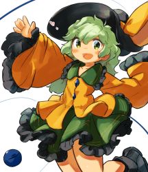 Rule 34 | 1girl, :d, black hat, blush, collarbone, eyeball, feet out of frame, flat chest, frilled shirt collar, frills, green eyes, green hair, green skirt, hair between eyes, hand up, hat, hat ribbon, heart, komeiji koishi, long hair, long sleeves, looking at viewer, messy hair, open mouth, outstretched arms, petticoat, ribbon, shirt, simple background, skirt, smile, solo, third eye, touhou, uisu (noguchipint), white background, wide sleeves, yellow ribbon, yellow shirt, ||/
