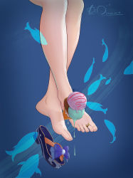 Rule 34 | 1girl, absurdres, bare legs, barefoot, blue background, blue footwear, chinese commentary, commentary request, crossed legs, dated, feet, food, foot focus, genshin impact, highres, holding, holding food, holding with feet, ice cream, ice cream cone, jewelry, legs, lens flare, lower body, melting, out of frame, sandals, sangonomiya kokomi, shadow, signature, toe ring, toenails, toes, triple scoop, unworn sandal, unworn sandals, waffle cone, xhb