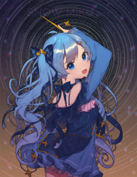 Rule 34 | 1girl, adapted costume, ahoge, arm up, back, bare shoulders, conductor baton, blue dress, blue eyes, blue hair, dress, from behind, hair ornament, hair ribbon, hairclip, hatsune miku, highres, long hair, looking at viewer, looking back, matching hair/eyes, miebao, neck ribbon, open mouth, ribbon, smile, solo, star (sky), star (symbol), star hair ornament, twintails, very long hair, vocaloid, yuki miku