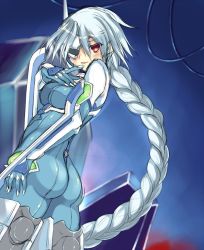 Rule 34 | 1girl, :p, armor, ass, blazblue, blush, bodysuit, braid, breasts, cable, cowboy shot, eyepatch, finger to mouth, from side, gloves, gradient background, hime gyo, long hair, looking at viewer, looking back, nu-13, red eyes, silver hair, sketch, solo, tongue, tongue out, very long hair
