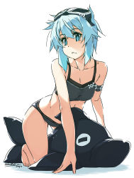 Rule 34 | 1girl, all fours, armband, bikini, black bikini, blue eyes, blue hair, breasts, dated, goggles, goggles on head, highres, looking at viewer, shikei, short hair, sinon, small breasts, solo, sports bikini, stuffed animal, stuffed toy, swimsuit, sword art online, thighs, white background