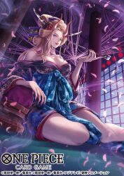 Rule 34 | 1girl, black maria (one piece), blonde hair, blue sash, breasts, commentary request, copyright name, earrings, hair ornament, highres, holding, holding smoking pipe, horns, indoors, japanese clothes, jewelry, kimono, koushi rokushiro, looking at viewer, obi, official art, one piece, one piece card game, petals, red horns, red lips, sash, sidelocks, silk, sitting, smoke, smoking pipe, solo, spider web