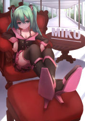Rule 34 | 1girl, absurdres, boots, bra, chair, character name, full body, green eyes, green hair, hatsune miku, high heels, highres, honey whip (module), long hair, looking at viewer, matching hair/eyes, nya tani (py753), sitting, smile, solo, sweet devil (vocaloid), table, tagme, thighhighs, twintails, underwear, vocaloid, zettai ryouiki