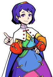 Rule 34 | 1girl, :3, belt, blue cape, brown belt, cape, closed mouth, cowboy shot, dress, hairband, hand on own hip, hand up, index finger raised, long sleeves, looking at viewer, multicolored clothes, multicolored dress, parody, puffy long sleeves, puffy sleeves, purple eyes, purple hair, short hair, siivagunner, smile, solo, stitches, style parody, subarashiki kono sekai, teddytedbert, tenkyuu chimata, touhou, transparent background, two-sided cape, two-sided fabric, white cape