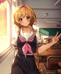 Rule 34 | 1girl, absurdres, annno ans, arms behind back, blonde hair, blush, braid, classroom, closed mouth, contrapposto, cowboy shot, djeeta (granblue fantasy), granblue fantasy, hairband, highres, looking at viewer, low twin braids, medium hair, official alternate costume, pleated skirt, puffy short sleeves, puffy sleeves, sailor collar, school uniform, serafuku, short sleeves, skirt, smile, solo, sunset, twin braids, twintails, v, yellow eyes