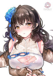 Rule 34 | 1girl, artist name, black hair, blue bow, blue flower, blue rose, blush, bow, breasts, brown thighhighs, closed mouth, flower, girls&#039; frontline, hair flower, hair ornament, large breasts, light frown, long hair, looking at viewer, mirutu, mole, mole under eye, official alternate costume, rose, simple background, solo, thighhighs, torn clothes, type 95 (girls&#039; frontline), type 95 (narcissus) (girls&#039; frontline), white background, yellow eyes