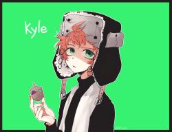 Rule 34 | 1boy, character name, dreidel, fur hat, green background, green eyes, halloween (owo), hat, holding, kyle broflovski, long sleeves, looking at viewer, male focus, nail polish, open mouth, orange hair, scarf, shaded face, solo, south park, turtleneck, upper body, ushanka