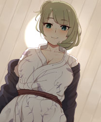 Rule 34 | 10s, 1girl, blush, breasts, ceiling, ceiling light, cleavage, collarbone, commentary request, floral print, from below, green eyes, green hair, hair bun, heterochromia, highres, idolmaster, idolmaster cinderella girls, idolmaster cinderella girls starlight stage, japanese clothes, kimono, large breasts, looking at viewer, looking down, mole, mole under eye, off shoulder, sente, short hair, single hair bun, smile, solo, takagaki kaede, upper body, yukata