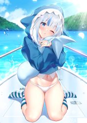 Rule 34 | 1girl, animal hood, blue eyes, blue hair, blue hoodie, blush, bottomless, closed mouth, cloud, commentary, day, english commentary, full body, gawr gura, gawr gura (1st costume), highres, hololive, hololive english, hood, hoodie, hugging own tail, hugging tail, kneehighs, long sleeves, looking at viewer, mixed-language commentary, multicolored hair, navel, no shoes, one eye closed, open mouth, outdoors, panties, railing, shark, shark hood, sharp teeth, simple background, sitting, sky, socks, solo, streaked hair, striped clothes, striped socks, tail, teeth, thick thighs, thigh gap, thighs, underwear, uosaasou, virtual youtuber, wariza, water, wet, wet clothes, white hair, white panties, wide hips, wide sleeves