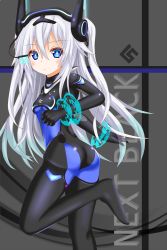 Rule 34 | 10s, 1girl, ass, black heart (neptunia), blue eyes, blush, bodysuit, boots, breasts, character name, from behind, gloves, headgear, highres, langley1000, long hair, looking at viewer, neptune (series), next black, noire (neptunia), scouter, shiny clothes, silver hair, solo, symbol-shaped pupils