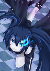 Rule 34 | 10s, 1girl, absurdres, bad id, bad pixiv id, black rock shooter, black rock shooter (character), blue eyes, blue hair, boots, ginji74, glowing, glowing eyes, highres, long hair, matching hair/eyes, shorts, solo, twintails