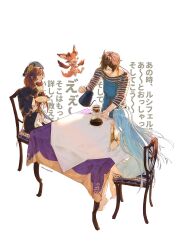 Rule 34 | 1boy, 1other, 2girls, ahoge, apron, barefoot, beret, bishounen, blue hair, blush, breasts, bridal gauntlets, brown hair, cafe, chair, closed eyes, coffee, coffee pot, commentary, commentary request, cup, denim, dress, embarrassed, frilled dress, frills, full body, granblue fantasy, hair between eyes, hair intakes, hat, highres, holding, holding cup, large breasts, laughing, light smile, long hair, long sleeves, lyria (granblue fantasy), messy hair, multiple girls, on chair, plate, pouring, raziel (granblue fantasy), sandalphon (granblue fantasy), sandalphon (server of a sublime brew) (granblue fantasy), shirt, short hair, signature, simple background, sitting, striped clothes, striped shirt, sundress, thooatsik, translation request, twintails, vertical-striped clothes, vertical-striped shirt, vyrn (granblue fantasy), white background, white dress