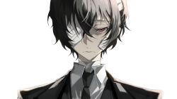 Rule 34 | 1boy, bandage on face, bandage on hair, bandage on neck, bandage over one eye, bandages, bandaid, bandaid on cheek, bandaid on face, black hair, black jacket, black necktie, black suit, bungou stray dogs, closed mouth, collared shirt, dazai osamu (bungou stray dogs), expressionless, formal, hair between eyes, highres, jacket, looking at viewer, mafia, male focus, necktie, red eyes, shirt, short hair, sidelocks, simple background, solo, suit, upper body, user wjpu7573, white background, white shirt