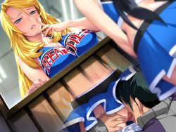 Rule 34 | 1boy, 2girls, asakura sakura, black hair, blonde hair, blue eyes, blush, breasts, censored, cheerleader, cunnilingus, dutch angle, frilled panties, frills, game cg, hand on own face, head under another&#039;s clothes, head under skirt, hetero, long hair, miniskirt, mosaic censoring, multiple girls, nana g, navel, open mouth, oral, panties, panty pull, pussy, sex teacher tsuyoshi, skirt, standing, standing cunnilingus, stealth sex, tenri reika, transparent, under another&#039;s clothes, underwear, white panties, window, wooden wall