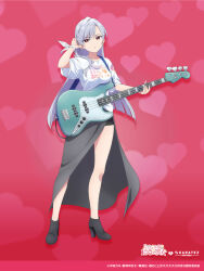 Rule 34 | 1girl, 2024, ankle boots, arm up, artist request, bass guitar, black footwear, black shorts, blunt bangs, boots, bow, breasts, closed mouth, clothes writing, copyright name, copyright notice, electric guitar, eyelashes, full body, gradient background, grey hair, grey skirt, guitar, hair flip, half-skirt, head tilt, heart, heart background, heart print, high heel boots, high heels, highres, holding, holding guitar, holding instrument, instrument, kimi no koto ga dai dai dai dai daisuki na 100-nin no kanojo, long hair, long skirt, looking at viewer, medium breasts, official art, overskirt, print bow, print shirt, purple background, red eyes, shirt, short shorts, shorts, skirt, solo, standing, swept bangs, white bow, white shirt, wrist bow