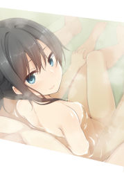Rule 34 | 10s, 1boy, 1girl, asashio (kancolle), bare legs, bare shoulders, barefoot, bathing, black hair, blue eyes, breasts, closed mouth, convenient censoring, dutch angle, half-closed eyes, hand on own knee, highres, kantai collection, looking at viewer, looking back, mixed-sex bathing, nagami yuu, non-web source, nude, partially submerged, shared bathing, sitting, sitting on lap, sitting on person, small breasts, smile, steam