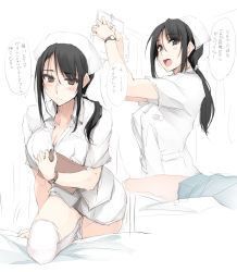 Rule 34 | 1girl, black hair, blush, breasts, brown eyes, cleavage, clipboard, closed mouth, commentary, hair tie, half-closed eyes, hat, hip focus, holding, holding clipboard, infirmary, kitano (zekkyon), large breasts, long hair, looking at viewer, looking down, looking to the side, lying, multiple views, nurse, nurse cap, open mouth, original, ponytail, short sleeves, sidelocks, sketch, skirt, speech bubble, thighhighs, watch, white skirt, white thighhighs, wing collar, wristwatch, zekkyon