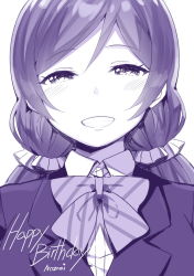 Rule 34 | 1girl, blazer, blush, bow, bowtie, character name, grin, half-closed eyes, happy birthday, highres, jacket, looking at viewer, love live!, love live! school idol project, low twintails, monochrome, otonokizaka school uniform, purple theme, school uniform, scrunchie, sky-freedom, smile, solo, striped bow, striped bowtie, striped clothes, striped neckwear, tojo nozomi, twintails, upper body