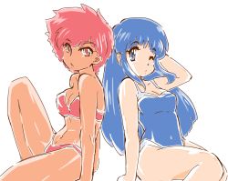 Rule 34 | arm behind head, bikini, blue eyes, blue hair, blue one-piece swimsuit, covered navel, dirty pair, hand on ground, kei (dirty pair), leg up, long hair, navel, okuri ookami, one-piece swimsuit, one eye closed, open mouth, red bikini, red eyes, red hair, retro artstyle, short hair, swimsuit, white background, yuri (dirty pair)