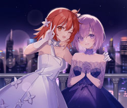 Rule 34 | 2girls, ahoge, bare shoulders, blush, breasts, cityscape, detached collar, dress, elbow gloves, fate/grand order, fate (series), fujimaru ritsuka (female), fujimaru ritsuka (female) (fgo orchestra), gloves, hair over one eye, half gloves, highres, large breasts, light purple hair, looking at viewer, mash kyrielight, mash kyrielight (chaldea dinnertime), medium breasts, multiple girls, night, night sky, one eye closed, one side up, open mouth, orange eyes, orange hair, purple dress, purple eyes, purple gloves, short hair, sky, smile, v, white dress, white gloves, zhi (yammycheese)