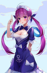 Rule 34 | 1girl, :3, absurdres, ahoge, anchor symbol, arm behind back, blue background, blue dress, blue hair, blush, bow, braid, breasts, cleavage, colored inner hair, commentary request, cqingwei, dress, dress bow, hair ribbon, highres, hololive, long hair, looking at viewer, maid headdress, medium breasts, minato aqua, minato aqua (1st costume), multicolored hair, puffy short sleeves, puffy sleeves, purple eyes, purple hair, ribbon, short sleeves, smile, solo, tongue, tongue out, twintails, two-tone hair, v, virtual youtuber, white background, white bow