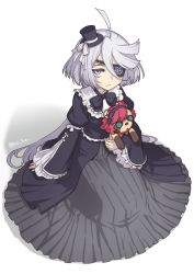 Rule 34 | 1girl, ahoge, alternate costume, bags under eyes, black dress, commentary request, dress, eyepatch, frilled dress, frills, full body, gothic lolita, grey eyes, grey hair, gundam, gundam suisei no majo, hat, heebee, holding, holding stuffed toy, lolita fashion, long hair, looking at viewer, miorine rembran, sitting, solo, stuffed animal, stuffed toy, swept bangs, white background