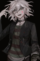 Rule 34 | 1boy, :d, absurdres, bad id, bad pixiv id, black background, black jacket, blood, blood on face, chain, chained, choker, closed mouth, collar, collarbone, commentary request, crazy eyes, danganronpa (series), danganronpa another episode: ultra despair girls, grey eyes, grey hair, hand up, highres, jacket, kabedan (yasai oisidaro), komaeda nagito, long sleeves, looking at viewer, male focus, metal collar, mittens, open clothes, open jacket, open mouth, pants, pink blood, servant (danganronpa), shirt, smile, solo, striped clothes, striped shirt, teeth, upper body, upper teeth only, white hair