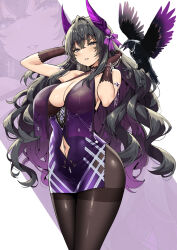 Rule 34 | 1girl, animal, bird, black eyes, black hair, black pantyhose, blush, breasts, brown gloves, cleavage, clothing cutout, commentary, crow, crown, curvy, dress, gloves, goddess of victory: nikke, gradient hair, hair ornament, harran (banquet witch) (nikke), harran (nikke), highres, horns, large breasts, long hair, looking at viewer, mole, mole under eye, multicolored hair, navel, navel cutout, pantyhose, parted lips, purple background, purple hair, purple horns, sky-freedom, solo, symbol-only commentary, thick thighs, thighs, two-tone background, white background, zoom layer