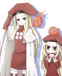Rule 34 | 2girls, adjusting clothes, adjusting headwear, amano kouki, flat chest, hands on own chest, hat, height difference, long hair, looking at viewer, multiple girls, pom pom (clothes), simple background, smile, very long hair, white background