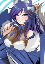 Rule 34 | 1girl, absurdres, animal ear fluff, animal ears, azur lane, blue background, bodysuit, bodysuit under clothes, breasts, flower, folded fan, folding fan, fox ears, fox tail, fur scarf, hair flower, hair ornament, hand fan, highres, holding, holding fan, japanese clothes, jintsuu (azur lane), large breasts, long hair, looking at viewer, retrofit (azur lane), ribbon, side ponytail, siota1998, solo, tail, upper body, white background, wide sleeves