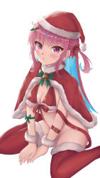 Rule 34 | 1girl, absurdres, ahoge, arm belt, bell, between legs, bikini, blue hair, blunt bangs, blush, bow, breasts, christmas, cleavage, colored inner hair, green bow, hair ornament, hair ribbon, hand between legs, highres, holly hair ornament, hololive, large breasts, long hair, looking at viewer, minato aqua, multicolored hair, namikare, neck bell, open mouth, parted lips, purple eyes, purple hair, red ribbon, red thighhighs, ribbon, santa bikini, santa costume, sidelocks, solo, streaked hair, swimsuit, thighhighs, thighs, twintails, two-tone hair, virtual youtuber, wrist cuffs