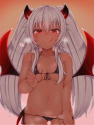 Rule 34 | 1girl, :q, backlighting, bare arms, bare shoulders, big hair, bikini, bikini pull, bikini tan, black bikini, blush, body blush, breath, closed mouth, clothes pull, collarbone, commentary request, covered clitoris, cowboy shot, dark persona, demon girl, demon horns, demon tail, demon wings, dot nose, evo grim, eyelashes, eyes visible through hair, fingernails, flat chest, front-tie bikini top, front-tie top, gluteal fold, grim aloe, groin, half-closed eyes, hand under clothes, hand under swimsuit, heart, highres, horns, long hair, looking at viewer, low wings, lowleg, lowleg bikini, micro bikini, navel, negationtenmaru, nose blush, outdoors, partially visible vulva, petite, quiz magic academy, raised eyebrows, red eyes, red sky, shiny clothes, shiny skin, side-tie bikini bottom, sidelocks, sky, slit pupils, smile, solo, standing, string bikini, sunset, swimsuit, tail, tan, tanline, thigh gap, tongue, tongue out, very long hair, wavy hair, white hair, wings