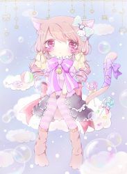 Rule 34 | 1girl, animal ears, animal hands, bad id, bad pixiv id, ball, beachball, bell, bow, bubble, candy, cat ears, cat hair ornament, cat paws, cat tail, cloud, drill hair, food, frilled shirt collar, frilled skirt, frills, hair bow, hair ornament, hair ribbon, heart, heart-shaped pupils, jelly bean, jingle bell, layered skirt, lollipop, mouse (animal), original, pantyhose, paw shoes, ribbon, seira (sweeten), shoes, sitting, skirt, solo, striped clothes, striped pantyhose, striped ribbon, symbol-shaped pupils, tail, tail ornament, tail ribbon, twintails, wide face