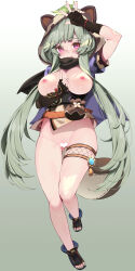 Rule 34 | 1girl, absurdres, aged up, animal ears, animal hood, blunt bangs, blush, breasts, censored, fake animal ears, genshin impact, gloves, heart, heart censor, highres, hood, japanese clothes, large breasts, leaf, leaf on head, looking at viewer, navel, nipples, open mouth, pussy, raccoon ears, sayu (genshin impact), short hair, short hair with long locks, sidelocks, solo, waterring