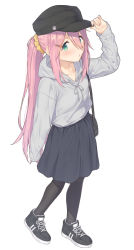 Rule 34 | 1girl, bag, black pantyhose, blush, commentary, full body, green eyes, hair ornament, hairclip, handbag, hat, highres, holding, holding clothes, holding hat, hood, hoodie, kagamihara nadeshiko, long hair, looking at viewer, mikazuchi zeus, pantyhose, pink hair, scrunchie, shoes, skirt, sneakers, solo, white background, yurucamp